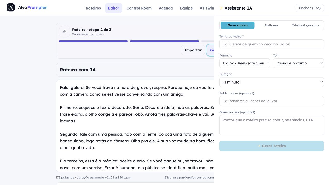 Painel de IA do editor do AlvoPrompter