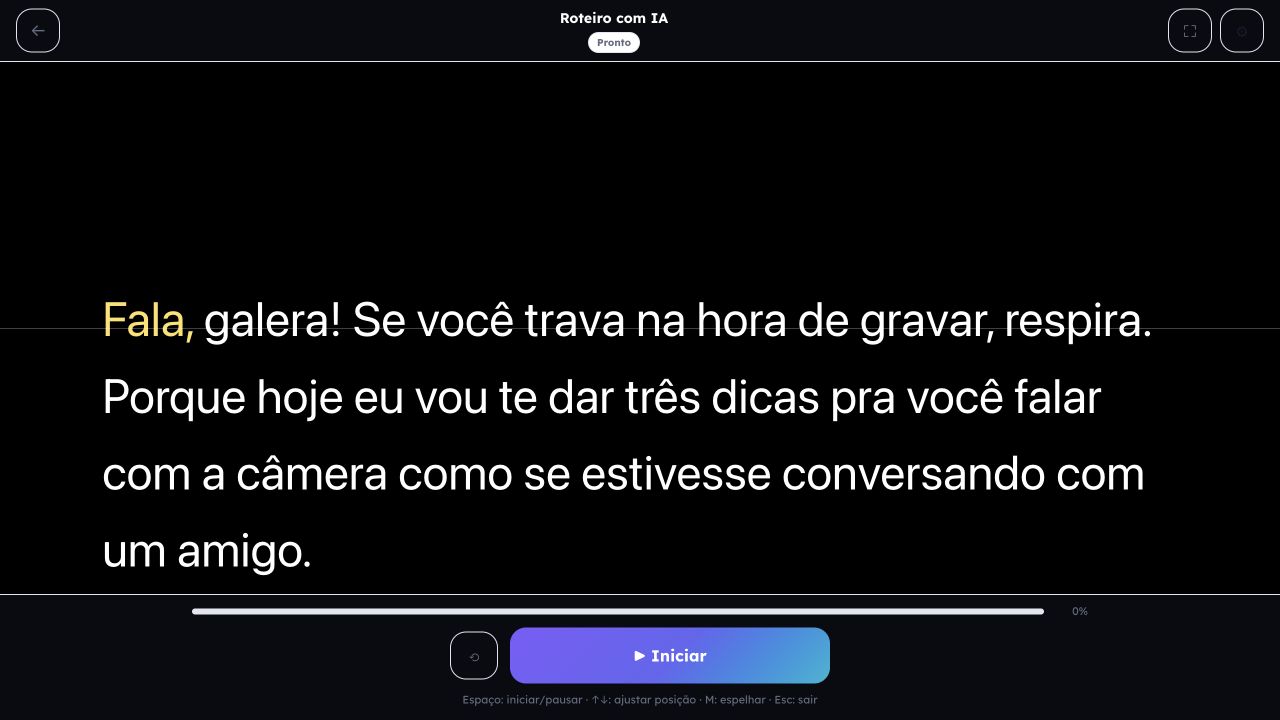 Prompter do AlvoPrompter em tela cheia com o texto acompanhando a fala